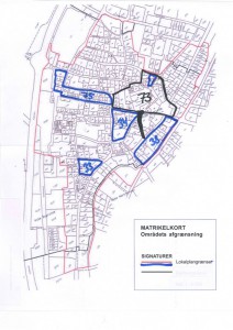 Ovenstående tegning viser Nibe's gamle bydele og hvor de forskellige lokalplaner dækker - alt indenfor rød streg er f.eks. Lokalplan 88